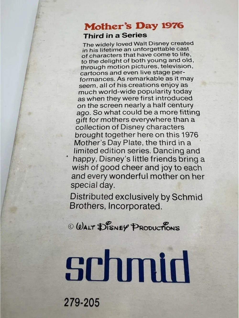 Walt Disney Mother's Day 1976 Limited Edition Plate Schmid Bros Original Box